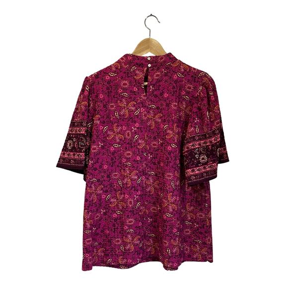 LOFT Floral Print Puff Sleeve Blouse Boho Chic Pink Purple Top Size Large - Picture 2 of 9